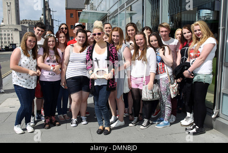 Amelia Lily meets fans outside Juice FM studios in Liverpool while out promoting her debut single 'You Bring Me Joy' Liverpool Stock Photo