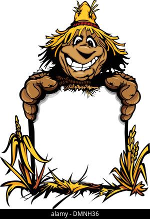 Happy Harvest Scarecrow Holding a Sign Cartoon Vector Illustrati Stock Vector