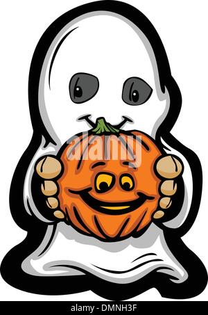 Cute Halloween Kid In Ghost Costume Cartoon Vector Illustration Stock Vector