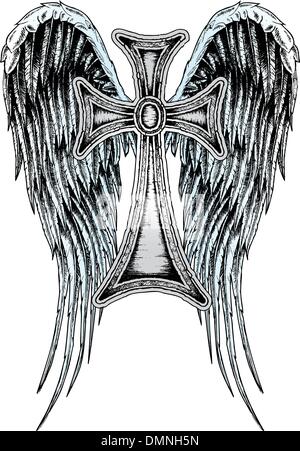 cross and angel wings drawing