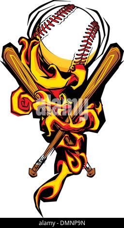 Softball Baseball Ball and Bats Flaming Cartoon Illustration Stock Vector