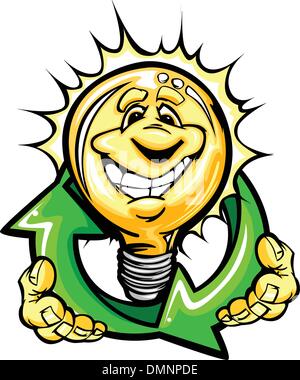 Happy Light Bulb with Hands Holding Recycle Symbol Cartoon Vecto Stock Vector