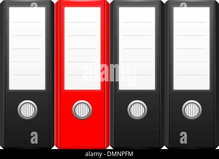 row of black binder folders with one red folder Stock Vector