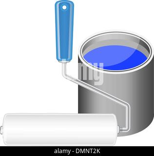 Paint roller and bucket with blue paint Stock Vector
