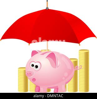 piggy-bank and money under red umbrella Stock Vector
