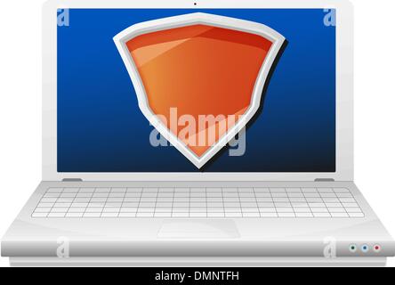 Security concept. Laptop computer and orange shield. Stock Vector