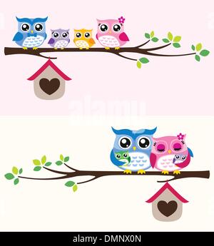 owl bird family at tree branch cartoon Stock Vector