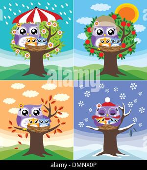 owl mother love children in four seasons Stock Vector