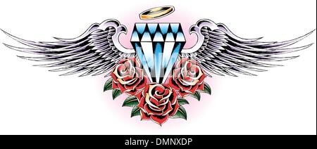 diamond tattoo with rose and wing Stock Vector