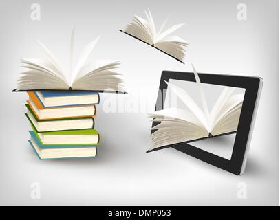 Books flying in a tablet. Vector illustration. Stock Vector
