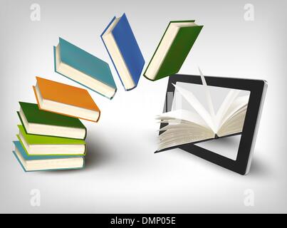 Books flying in a tablet. Vector illustration. Stock Vector