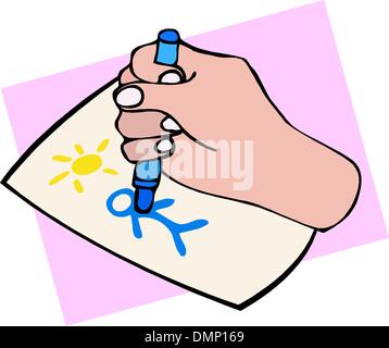 Child hand draws a blue pencil Stock Vector