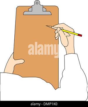 Pen in a hand ready for writing on a paper in clipboard Stock Vector