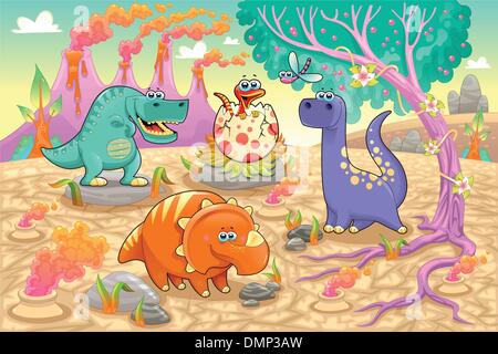 Group of funny dinosaurs in a prehistoric landscape. Stock Vector