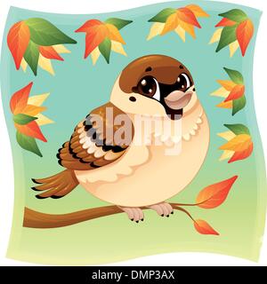 Funny little sparrow on a branch. Stock Vector