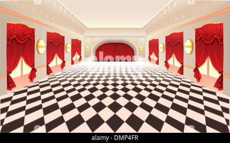 Interior with red curtains and tiled floor. Stock Vector