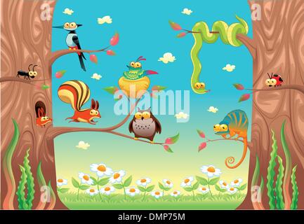 Funny animals on branches. Stock Vector