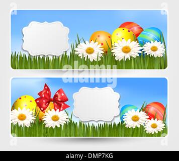 Easter banners with Easter eggs and colorful flowers. Vector ill Stock Vector