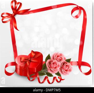 Holiday background with red heart-shaped gift box and flowers. V Stock Vector