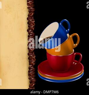 Background with colorful cups of coffee and old paper. Vector il Stock Vector