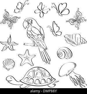 Exotic fauna, outline, set Stock Vector