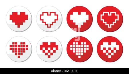 Pixeleted red heart icons set - love, dating online concept Stock Vector