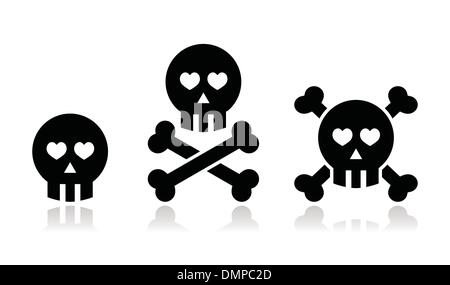 Cartoon skull with bones and hearts vector icon set Stock Vector