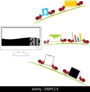 All in one computer and red ants illustration Stock Vector
