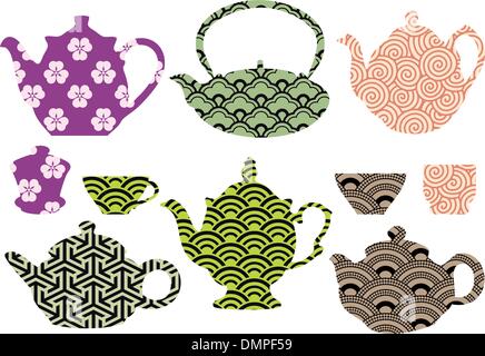 tea pots and cups with asian pattern, vector Stock Vector