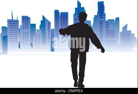 Happy family on a background of city, black silhouette Stock Vector