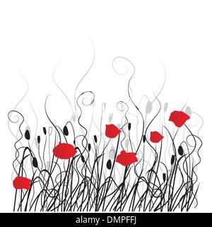 Background with grass ang red poppie isolated on white Stock Vector