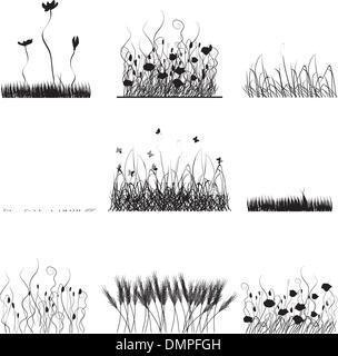 Silhouettes of grass, flowers and butterflies Stock Vector