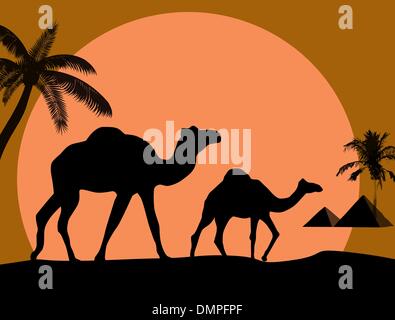 Camel and palms on sunset background Stock Vector