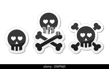 Cartoon skull with bones and hearts vector icon set Stock Vector