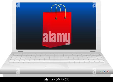 On line shopping concept. Red shopping bag at laptop screen. Stock Vector