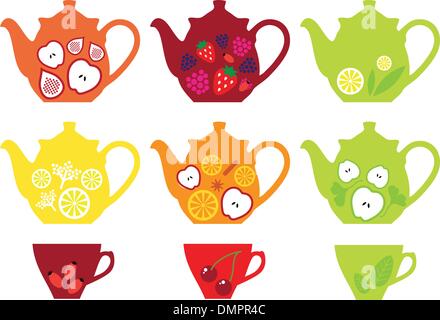 tea pots and cups with fruits, vector Stock Vector