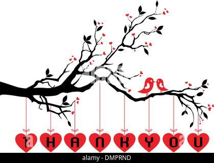 birds on tree with red hearts, vector Stock Vector
