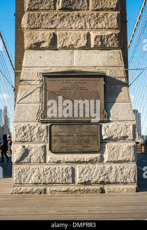 The Brooklyn Bridge plaque relating the trustees and engineers names in New York, US Stock Photo