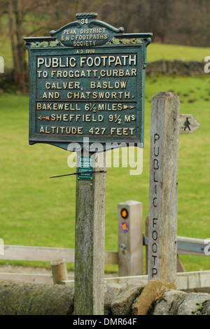 Public footpath sign showing altitude & route to Curbar, Calver, Baslow, Chatsworth and Bakewell, Peak District, Derbyshire, UK. Stock Photo