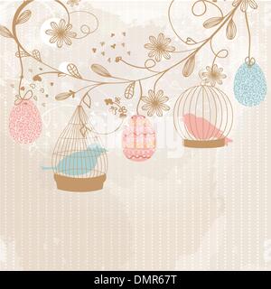 Vintage card with two cute birds in retro cages Stock Vector Image ...