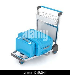 Airport trolley with blue suitcases on white background Stock Photo