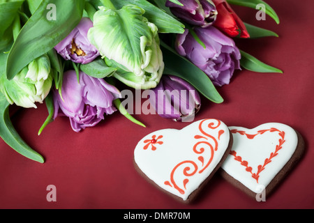 Gingerbread heart and tulips Stock Photo