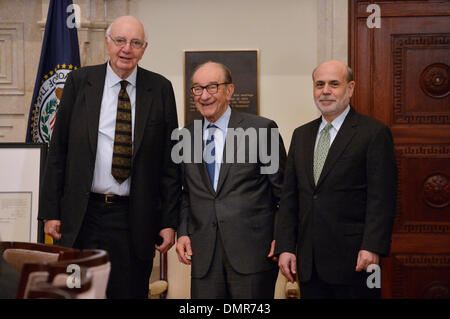 Washington DC, USA. 16th Dec, 2013. U.S. Federal Reserve Chairman Ben Bernanke (R), former Federal Reserve Chairman Alan Greenspan (C) and former Federal Reserve Chairman Paul Volker pose for photo during the U.S. Federal Reserve centennial commemoration at the Federal Reserve building in Washington DC, capital of the United States, Dec. 16, 2013. Credit:  Zhang Jun/Xinhua/Alamy Live News Stock Photo