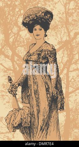 woman walking in the 19 th century and big tree background Stock Vector