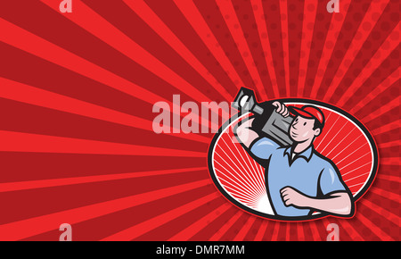 Business card template showing illustration of a cameraman film crew carrying video movie camera set inside oval done in cartoon style. Stock Photo