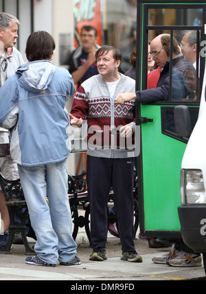 Ricky Gervais Karl Pilkington and David Earl on set of 'Derek' at a