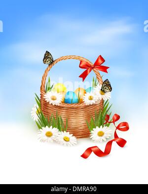 Easter background with Easter eggs with basket in the grass. Vec Stock Vector