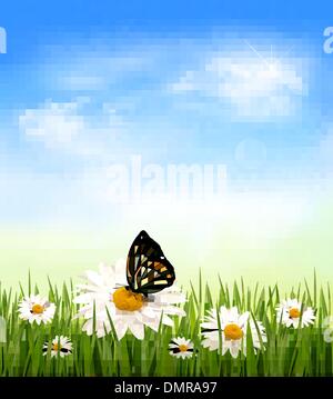 Nature background with green grass and flowers. Vector illustration ...