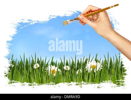 Nature background with hand holding a brush. Vector illustration Stock Vector
