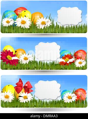 Easter banners with Easter eggs and colorful flowers Stock Vector